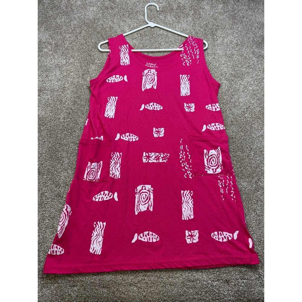Island Beach Womens Pink Tribal Fish Print Sleeveless Shift Dress Pockets M